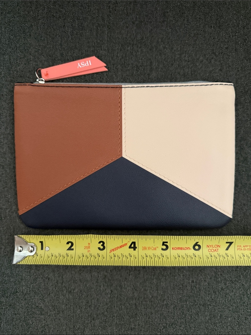 ipsy Colorblock Zip Pouch in Brown, Cream & Navy with Coral Pull